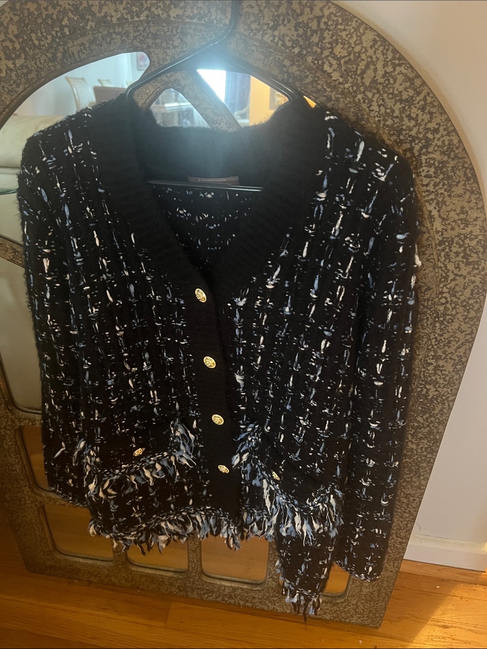 Anthropologie Black and White Fringe Tweed V-Neck Cardigan
